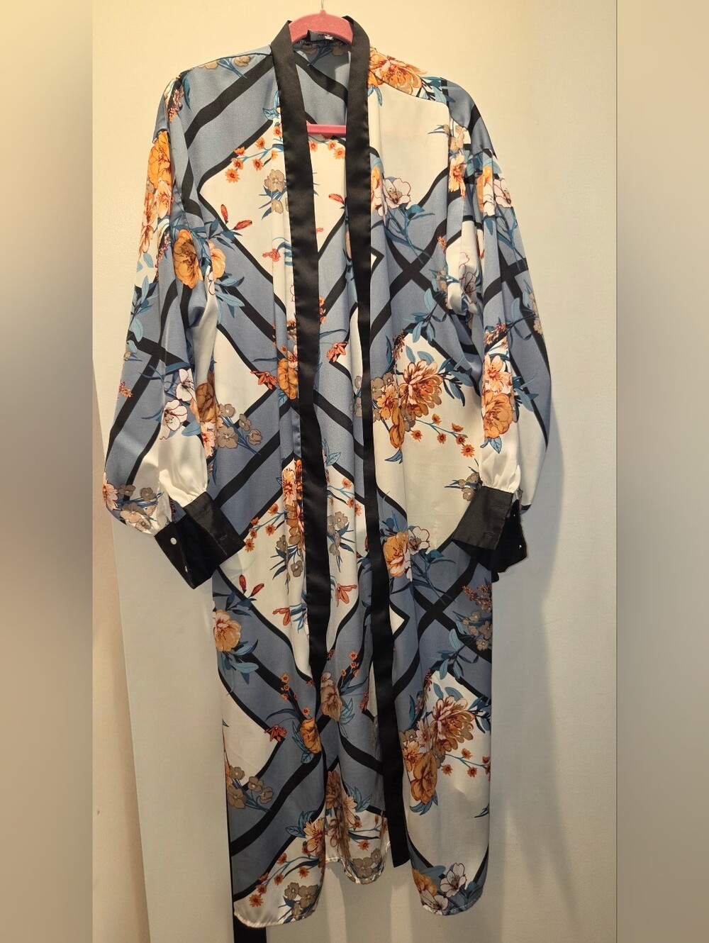 Lilium Dusty Blue Floral Print Satin Midi Robe Dress